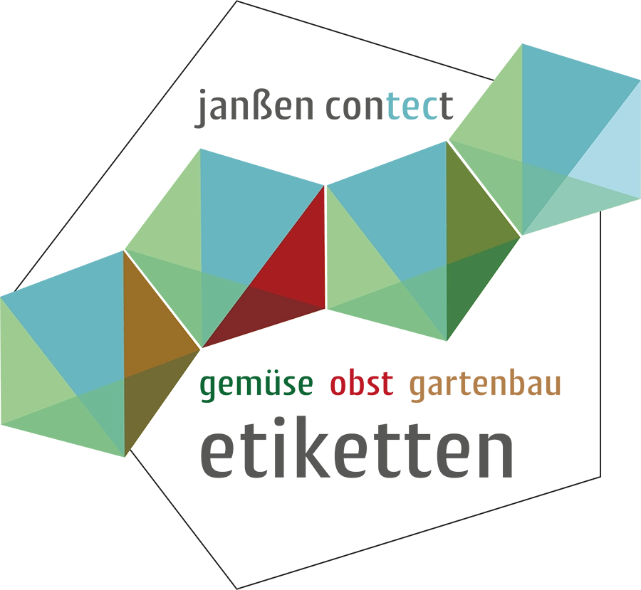 Grafik mit dem Schriftzug „janßen context“ sowie den Begriffen „gemüse“, „obst“, „gartenbau“ und „etiketten“. Mehrere farbige, geometrische Formen in Grün-, Blau-, Braun- und Rottönen sind entlang einer diagonalen Achse angeordnet und bilden ein stilisiertes Gestaltungselement.